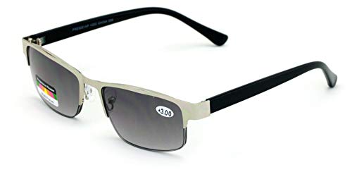 V.W.E. Metal Rectangular Progressive No Line Reading Glasses Tri-Focal Reader Outdoor Sunglasses (Silver, 3.00)