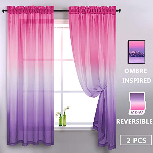KOUFALL Aurora Sky Themed Gradient Two Tone Ombre Curtains - Purple and Pink Sheer Curtains for Girls Room Kids Bedroom Baby Nursery