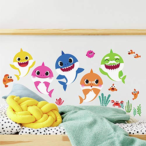 RoomMates - RMK4303SCS Baby Shark Peel And Stick Wall Decals | Kids Room Decor,Blue, Pink, Yellow,Small