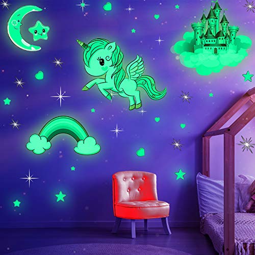 MAFOX Glow in The Dark Stars, Glowing Unicorn Sets with Castle Moon and  Rainbow Wall Decals for Kids Bedding Room, Great for