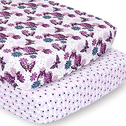 The Peanutshell Crib Sheet Set for Baby Girls | 2 Pack Set | Purple Butterfly & Purple Ditsy Floral