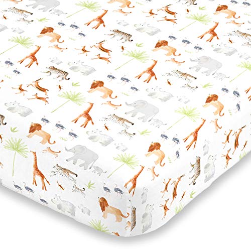 NoJo Watercolor Jungle Animals Crib Sheet - Mini Fitted Crib Sheet - Designed in The USA - 24" X 38" X 5", Orange, Grey,