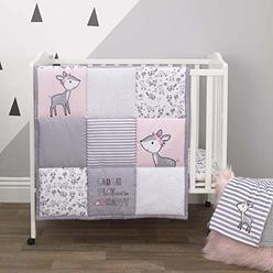 NoJo Little Love By Nojo Sweet Deer, Grey, Pink, White 3Piece Nursery Mini Crib Bedding Set With Comforter, 2 Fitted Mini Crib