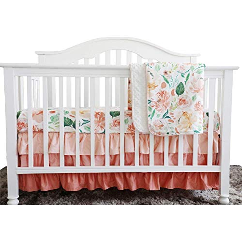 Sahaler Secret Garden Coral Floral Ruffle Baby Minky Blanket Water Color, Peach Floral Nursery Crib Ruffle Skirt Set Baby Girl Crib