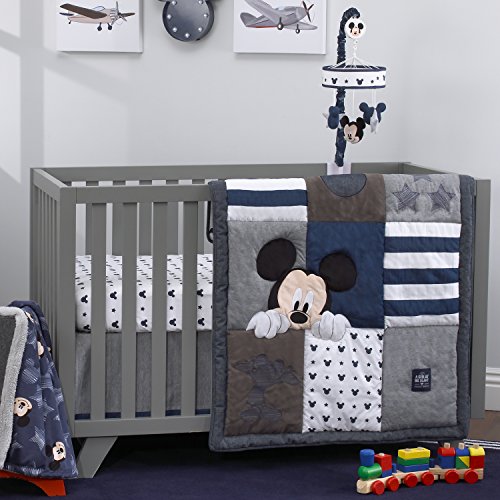 Disney Mickey Mouse 4 Piece Hello World Denim/Star/Icon Nursery Crib Bedding Set, Navy, Grey, White