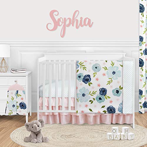 Sweet Jojo Designs Navy Blue and Pink Watercolor Floral Baby Girl Nursery Crib Bedding Set - 4 Pieces - Blush, Green and