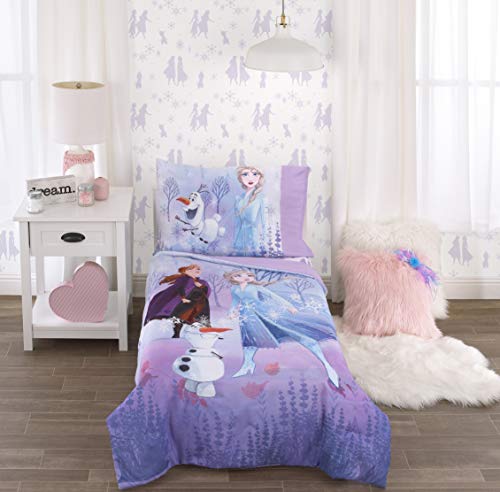 Disney Frozen 2 Lavender, Light Blue & Purple Forest Spirit 4Piece Toddler Bed Set - Comforter, Fitted Bottom Sheet, Flat Top