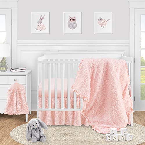 Sweet Jojo Designs Pink Floral Rose Baby Girl Nursery Crib Bedding Set - 4 Pieces - Solid Light Blush Flower Luxurious