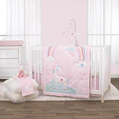 NoJo 3 Piece Crib Bedding Set and Dust Ruffle, Rainbow Unicorn, Pink/Aqua/Yellow/White