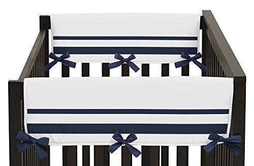 Sweet Jojo Designs White and Navy Modern Hotel Teething Protector Cover Wrap Baby Unisex Boy or Girl Crib Side Rail Guards - Set of 2