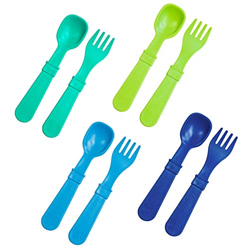 Re Play RE-PLAY Made in The USA 8pk Toddler Feeding Utensils Spoon and Fork Set |Eco Friendly Recycled Milk Jugs - Virtually