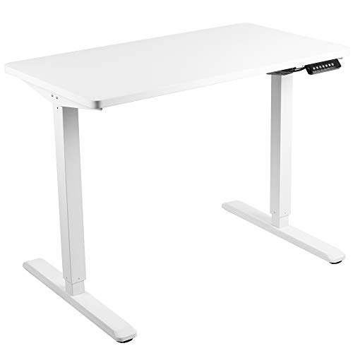 VIVO Electric 43 x 24 inch Stand Up Desk, White Table Top, White Frame, Height Adjustable Standing Workstation with Memory