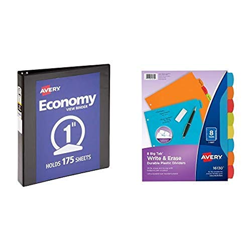 Avery 1 Inch Economy View 3 Ring Binder, Round Ring, Holds 8.5" x 11" Paper, 1 Black Binder (05710) and Avery Big Tab Write &