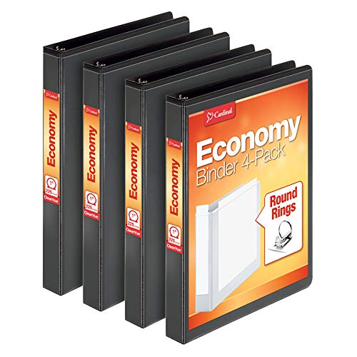 Cardinal Supplies Cardinal Economy 3 Ring Binder, 1 Inch, Presentation View, Black, Holds 225 Sheets, Nonstick, PVC Free, 4 Pack of Binders