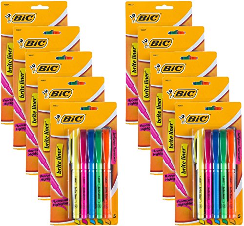 BIC Brite Liner Flourescent Highlighters, 5ct Assorted Colors, 10-PACK (BLP51)