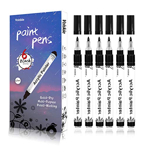 Voiskie YLHW4W5 black paint pens Black marker 6 Pack 0.7mm Extra Fine tip  Acrylic black Permanent Marker Water-based for Rock Painting Stone