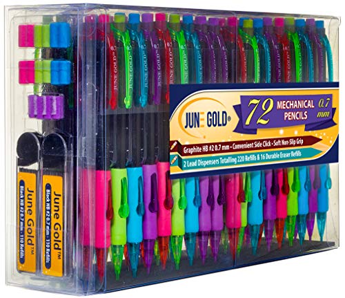June Gold 72 Mechanical Pencils, 0.7 mm HB #2 Lead, 2 Lead Dispensers/w 220 Refills & 16 Refill Erasers, Break Resistant