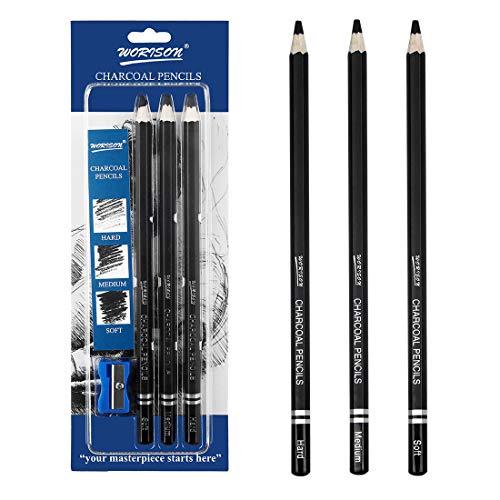 Boxun BX2F1MZ Artist Charcoal Pencils Set - 3 Pieces Soft Medium and Hard Drawing  Pencils for Sketching, Shading, Beginners (1 Piece