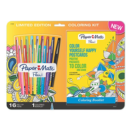 Paper-Mate Paper Mate Flair Felt Tip Pens, Medium Point, Assorted Colors with Positive Postcards Adult Coloring Book, 17 Count