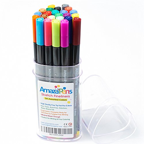 AmazaPens Fineliner Coloring Pens Premium Sketch Colored Pen Fine Tip Point 0.4mm Bleed Resistant Water Based Ink, Assorted