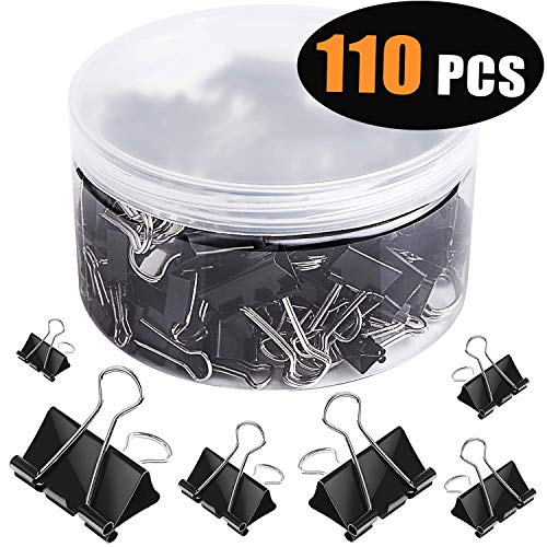 SANNIX 110 Pieces Paper Binder Clips Paper Clamps for Office Supplies 6 Assorted Sizes, Black