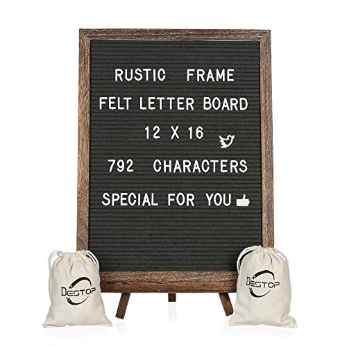 Destop Felt Letter Board with Rustic Vintage Frame and Stand 12x16 inch, Dark Grey Changeable Letter and Message Board Includes 792
