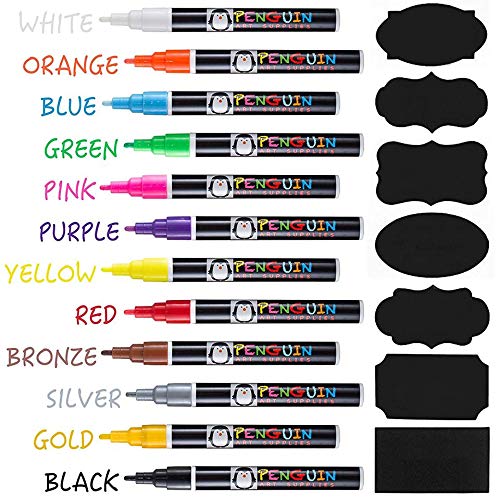 PENGUIN ART SUPPLIES Professional Artist Quality Fine Tip Chalk Markers -  Set of 12 Color Liquid Pens Dry Erase + BONUS 24 Chalkboard Stickers