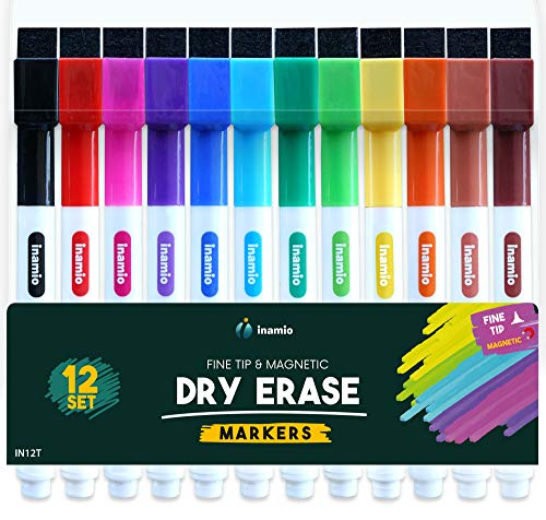 Inamio 1GY7W9K Dry Erase Markers, Fine Tip and Magnetic â€“ Thin, Colored Whiteboard  Markers for Fridge, School or Office - Low Odor and