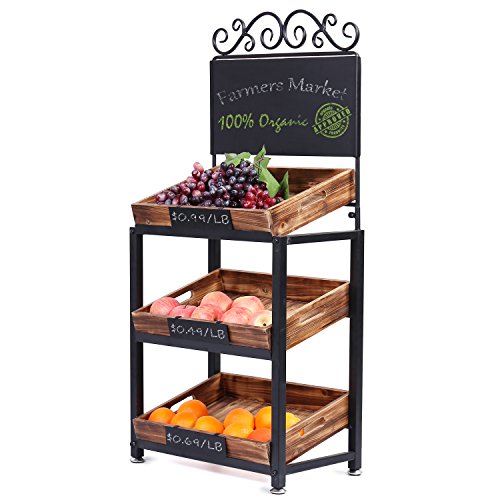 MyGift 3-Tier Vintage Metal & Burnt Wood Produce Stand with Chalkboard Signs