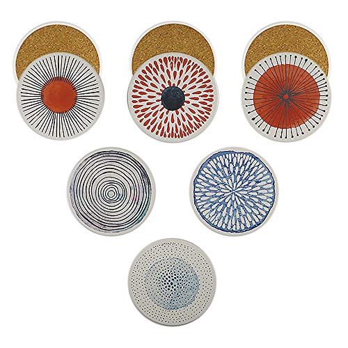 AD Set of 6 Colorful Coasters for Drinks Absorbing Round Ceramic Stone Coaster with Cork Base,Tabletop Protection Mat for