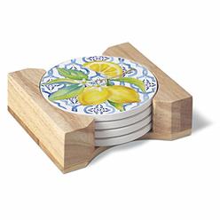 Counterart Absorbent Stoneware Round Coaster Set with Wooden Holder - Lovely Lemons