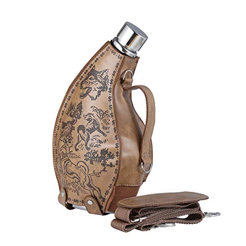 TOX TANEAXON 53 oz Wolf Pattern Horn Shape Large Capacity Whiskey Hip Flasks for Liquor with Removable Holster