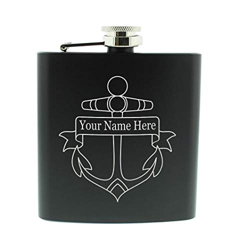 Personalized Gifts Custom Flask Nautical Boat Anchor Engraved Name Gifts Personalized 6oz Stainless Steel Flask Black
