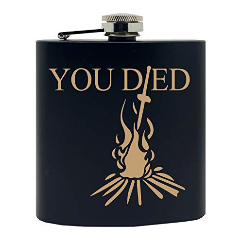 Crown Engraving "You Died" Video Game Souls of the Dark Gold Bonfire Design Custom Printed Stainless Steel Alcohol Hip Flask, 6 Oz. Black