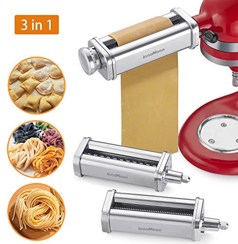 InnoMoon 3-Piece Pasta Roller & Cutters Attachments Set for KitchenAid Stand Mixers, included Pasta Sheet Roller,Spaghetti &