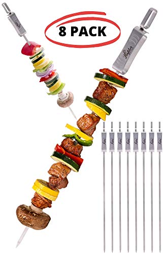 FLAFSTER KITCHEN Skewers for Grilling- 16" Long Flat BBQ Skewers with Push Bar- Shish Kabob Skewers - Stainless Steel Skewer