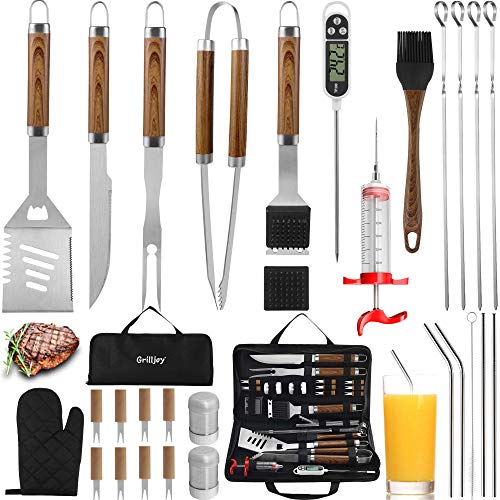 grilljoy 30PCS BBQ Grill Tools Set with Thermometer and Meat Injector. Extra Thick Stainless Steel Fork, Tongs& Spatula -