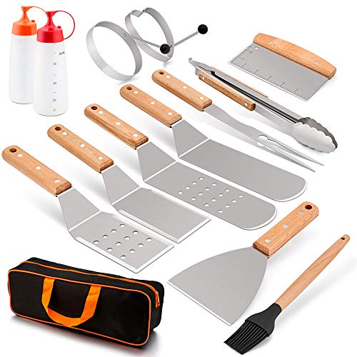 HaSteeL Griddle Accessories Kit 14 PCS, Metal Griddle Spatula Set with Carrying Bag, Stainless Steel Grill