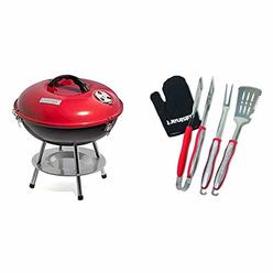Cuisinart CCG190RB Portable Charcoal Grill, 14-Inch, Red, 14.5" x 14.5" x 15" & CGS-134 Grilling Tool Set with Grill Glove,