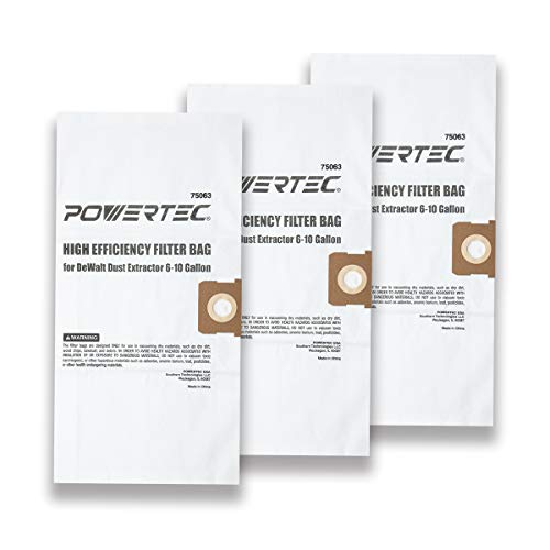 POWERTEC 75063 High Efficiency Filter Bag for DeWalt Dust Extractor 6-10 Gallon â€“ 3 Pack