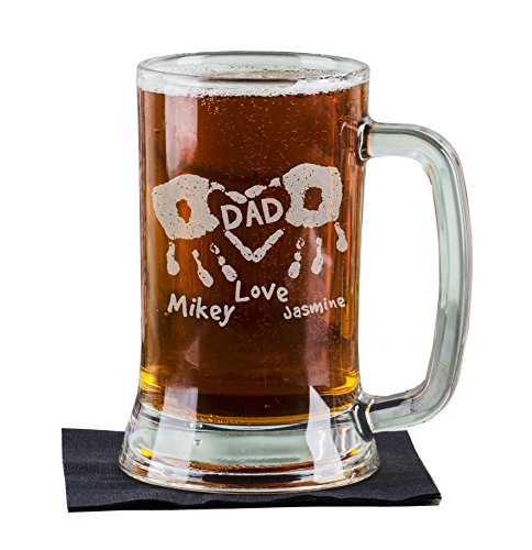 Custom-Engraved-Glasses-by-StockingFactory 16 Oz Hand Prints Love Dad Etched Glass Beer Mug Stein Father Day Engraved with Kids Names Etched Daddy Father New Dad