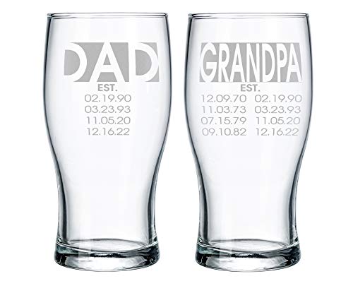 Custom-Engraved-Glasses-by-StockingFactory First Father's Day Personalized Beer 20 oz Lager Best Dad Mug New Daddy to Be Kids Birthdates Grandma Grandpa Birthday