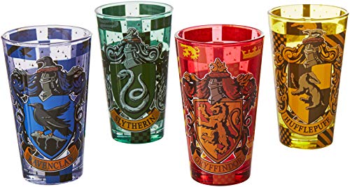 Silver Buffalo HP031P2 Harry Potter Movie 1-8 House Crests with Checkers Pint Glass Set, 4-Pack