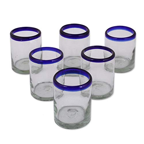 NOVICA Hand Blown Clear Blue Recycled Glass Tumbler Glasses,10 Oz 'Cobalt Rings' (Set Of 6)