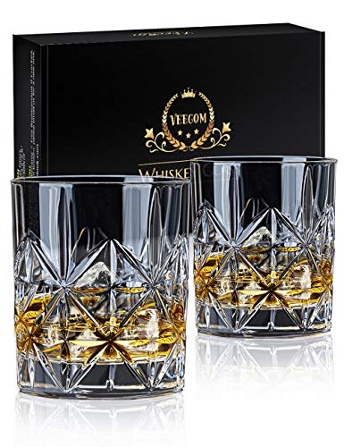 Veecom Whiskey Glass Set of 2, veecom 10 oz Crystal Whiskey Glasses Thick Bottom Bourbon Glasses Old Fashioned Rocks Glass Tumbler