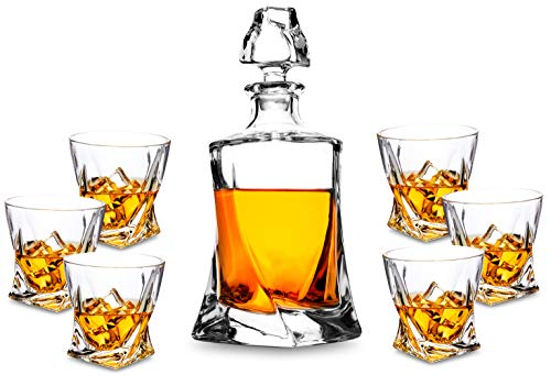KANARS Premium Crystal Whiskey Decanter Set, KANARS Hand Made Liquor Decanter with 6 Old Fashioned Glasses for Scotch, Bourbon or