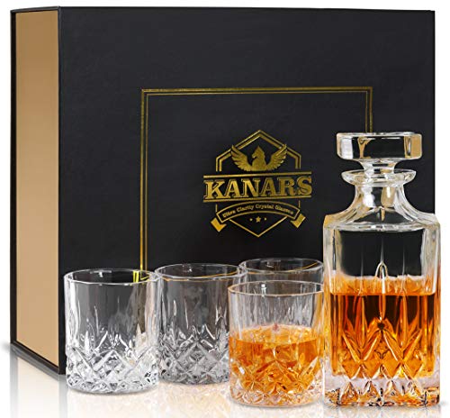 KANARS Whiskey Decanter And Glass Set In Unique Luxury Gift Box - Original Crystal Liquor Decanter Set For Bourbon, Scotch,