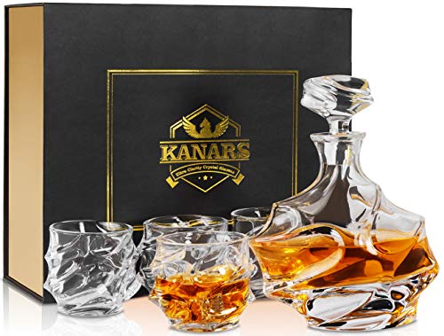 KANARS Emperor Whiskey Decanter And Glasses Set With Luxury Gift Box - Lead Free Crystal - 28 Oz Liquor Decanter with 4 Pcs