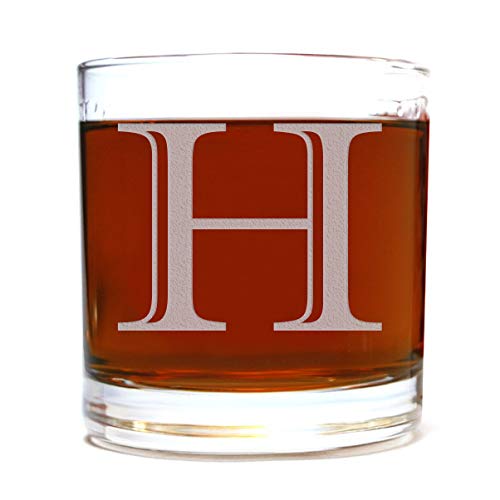 Spotted Dog Company Etched Monogram 10.5oz Rocks Old Fashioned Lowball Glass for Whiskey Scotch Bourbon (Letter H)