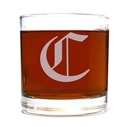 Spotted Dog Company Etched Monogram 10.5oz Rocks Old Fashioned Lowball Glass for Whiskey Scotch Bourbon (Letter C)